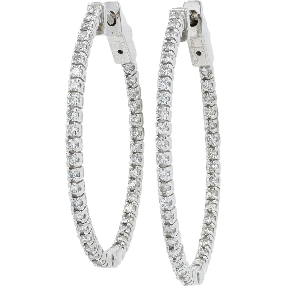 14K White Gold 1 Carat Round Diamond Inside - Out Hoop Earrings - 1.00 Carat Total Diamond Weight