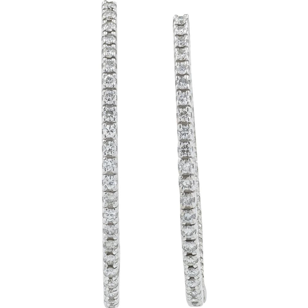 14K White Gold 1 Carat Round Diamond Inside - Out Hoop Earrings - 1.00 Carat Total Diamond Weight