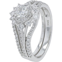14K White Gold 1 Carat Total Weight Diamond Bridal Ring with Halo and Pavé Split Shank