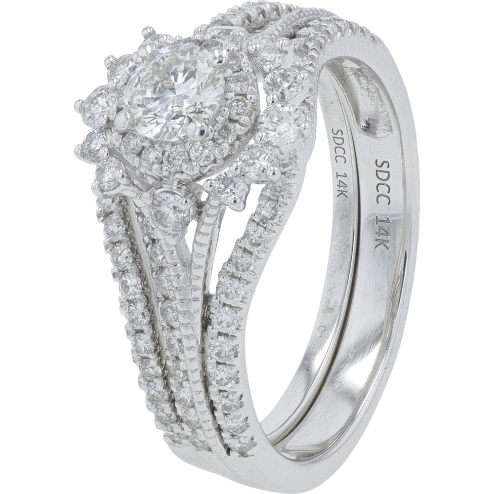 14K White Gold 1 Carat Total Weight Diamond Bridal Ring with Halo and Pavé Split Shank