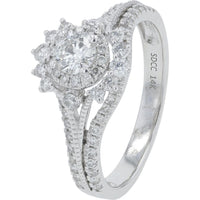 14K White Gold 1 Carat Total Weight Diamond Bridal Ring with Halo and Pavé Split Shank