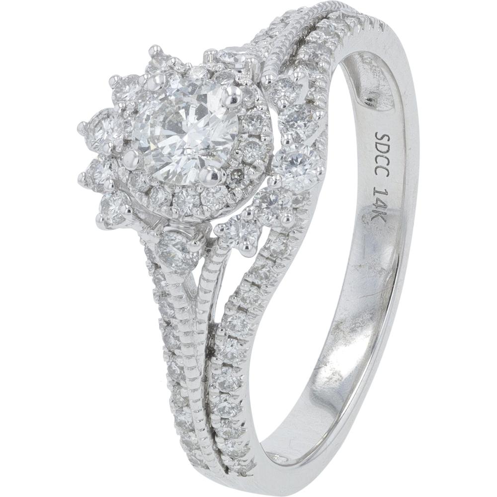 14K White Gold 1 Carat Total Weight Diamond Bridal Ring with Halo and Pavé Split Shank