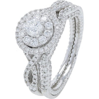 14K White Gold 1 Carat Total Weight Diamond Bridal Set with Intertwined Pave Halo Design
