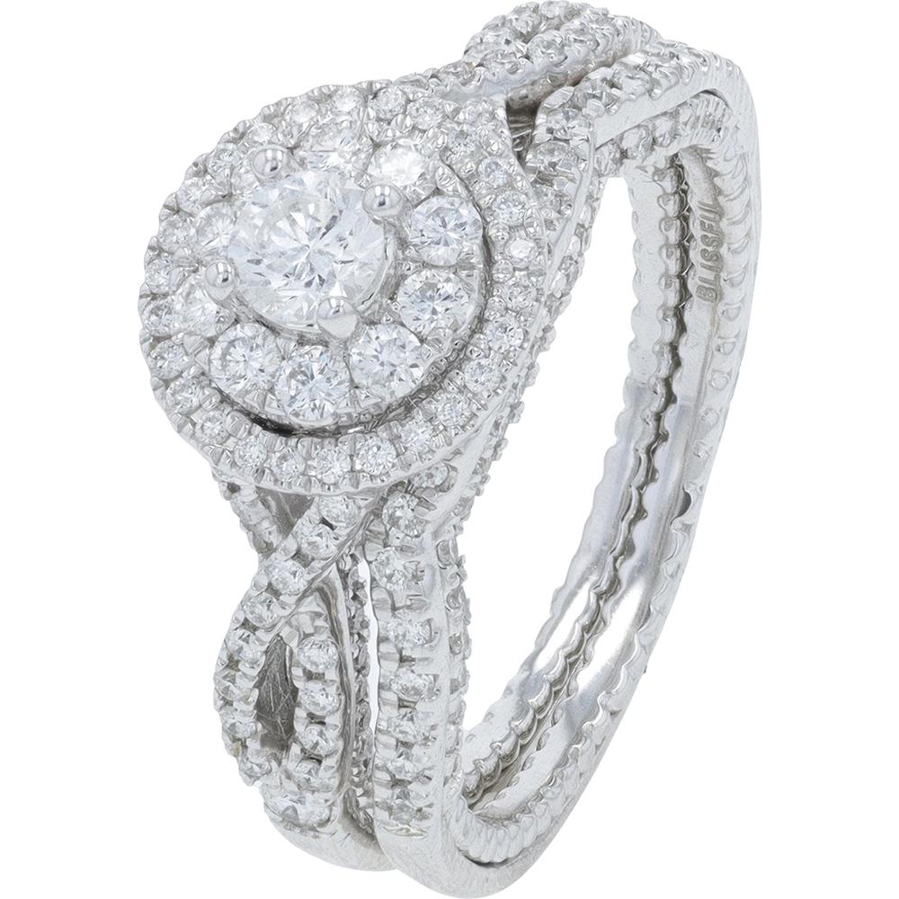 14K White Gold 1 Carat Total Weight Diamond Bridal Set with Intertwined Pave Halo Design