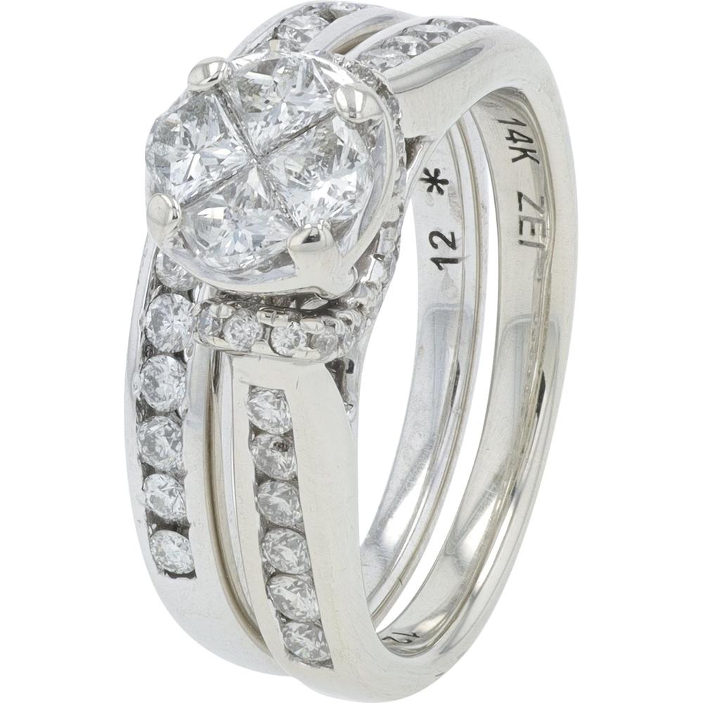 14K White Gold 1 Carat Total Weight Diamond Bridal Set with Milgrain and Prong Set Diamonds