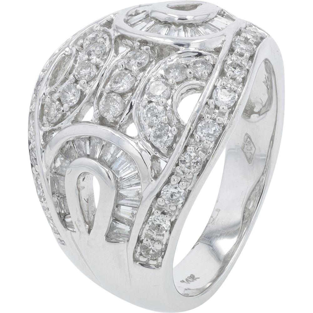 14K White Gold 1 Carat Total Weight Diamond Ring with Baguette and Round Diamonds - Geometric Design