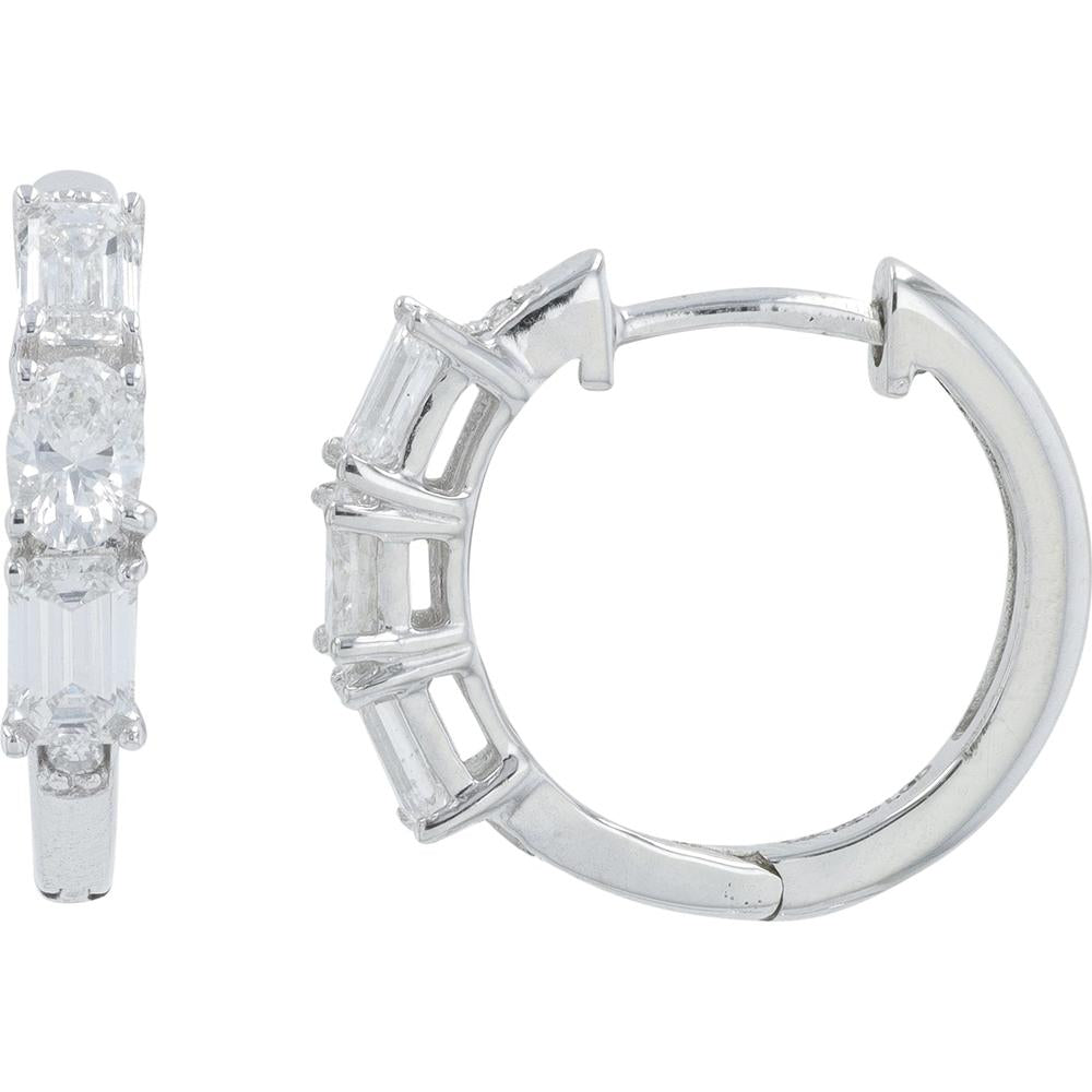 14K White Gold 1 Carat Total Weight Lab Grown Diamond Hoop Earrings - Round and Baguette Diamond Setting