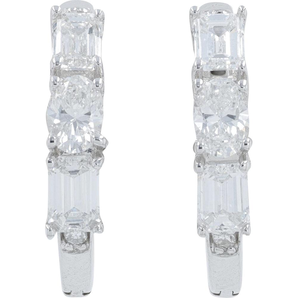 14K White Gold 1 Carat Total Weight Lab Grown Diamond Hoop Earrings - Round and Baguette Diamond Setting