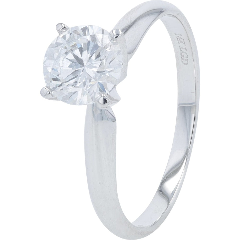 14K White Gold 1 Carat Total Weight Lab Grown Diamond Solitaire Engagement Ring with Four-Prong Round Brilliant Cut Setting