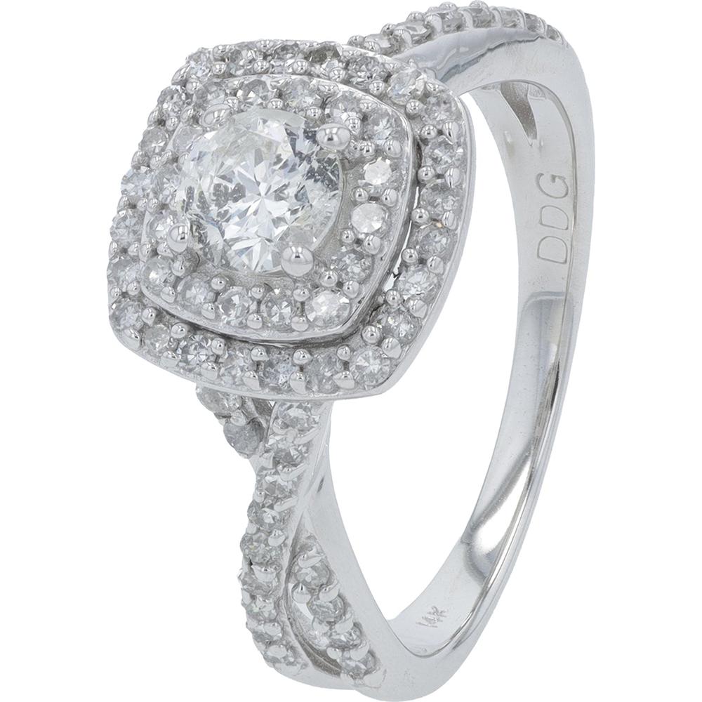 14K White Gold 1 Carat Total Weight Round Diamond Engagement Ring with Double Halo and Twisted Pavé Band