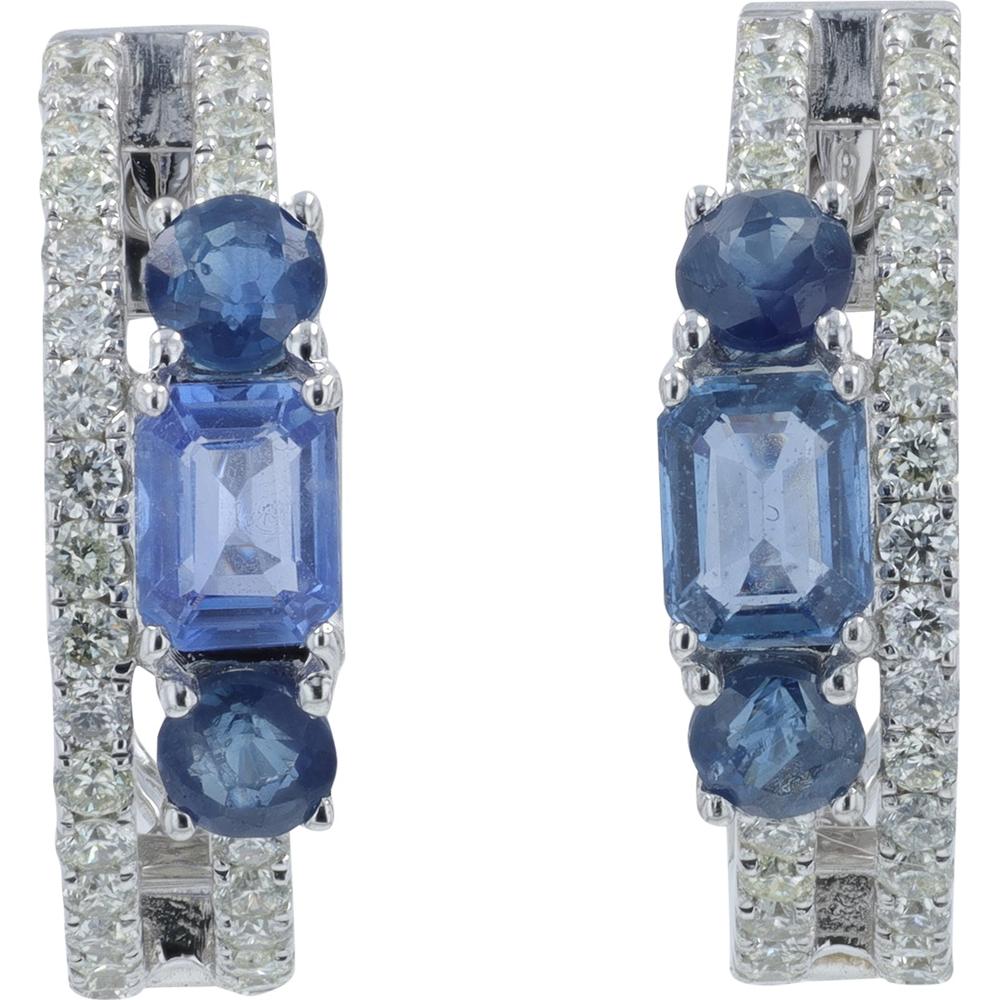 14K White Gold 1 Carat Total Weight Sapphire and Diamond Hoop Earrings - 1.00 Carat Total Sapphire Weight, 0.40 Carat Total Diamond Weight