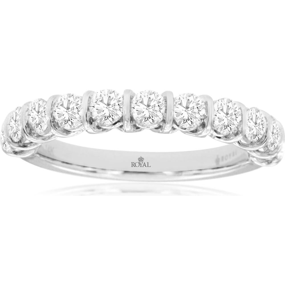 14K White Gold 1 Carat Total Weight Wedding Band with Bar Set Round Brilliant Cut Diamonds - Royal Jewelry