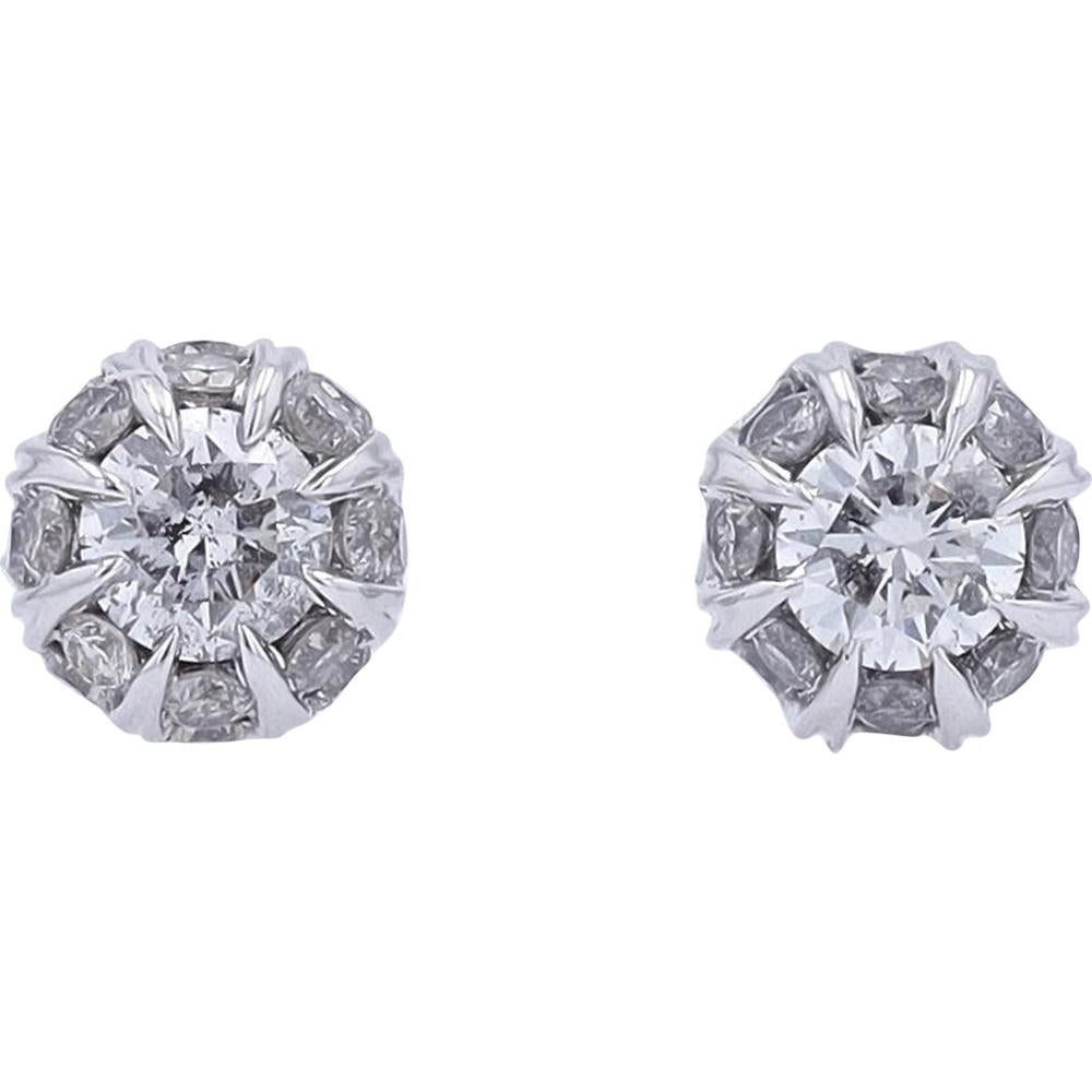 14K White Gold 1 Carats Halo Stud Earrings with Prong Set Diamonds