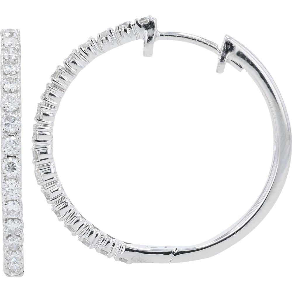 14K White Gold 1" Medium Hoop Earrings with Shared Prong Round Diamonds - 1.07 Carats Total Diamond Weight