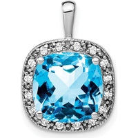 14K White Gold 10mm Cushion Swiss Blue Topaz and Diamond Halo Pendant - 5.62 Carat Topaz, 0.01 Carat Diamond by Lumare Gioia