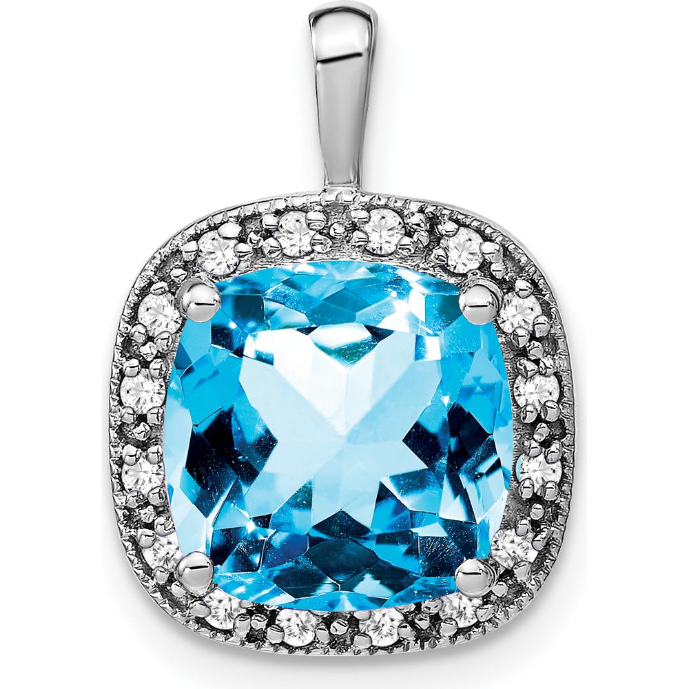 14K White Gold 10mm Cushion Swiss Blue Topaz and Diamond Halo Pendant - 5.62 Carat Topaz, 0.01 Carat Diamond by Lumare Gioia