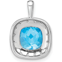 14K White Gold 10mm Cushion Swiss Blue Topaz and Diamond Halo Pendant - 5.62 Carat Topaz, 0.01 Carat Diamond by Lumare Gioia