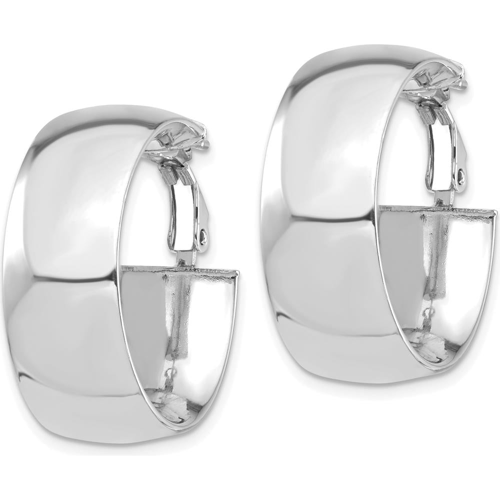14K White Gold 10mm High Polished Large Hoop Earrings with Omega Back Closure by Oro Pregiato