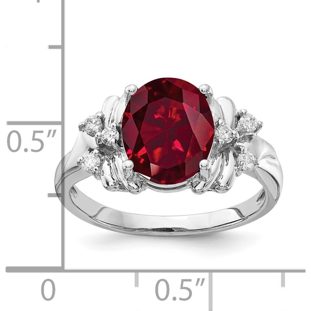 14K White Gold 10x8mm Oval Created Ruby and Round Diamond Accent Ring - 0.017 Carat Total Diamond Weight by Monteluci Fine Jewelry