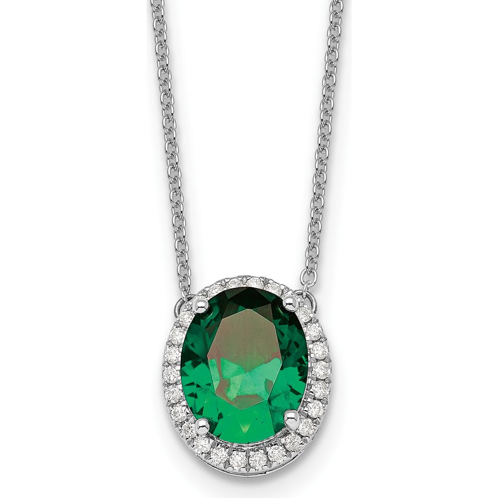14K White Gold 10x8mm Oval Lab Created Emerald and Diamond Halo Necklace - 3.31 Carat Total Weight by Oro Pregiato