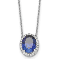 14K White Gold 10x8mm Oval Lab Created Sapphire and Diamond Halo Necklace - 3.15 Carat Sapphire, 0.156 Carat Diamond by Oro Pregiato