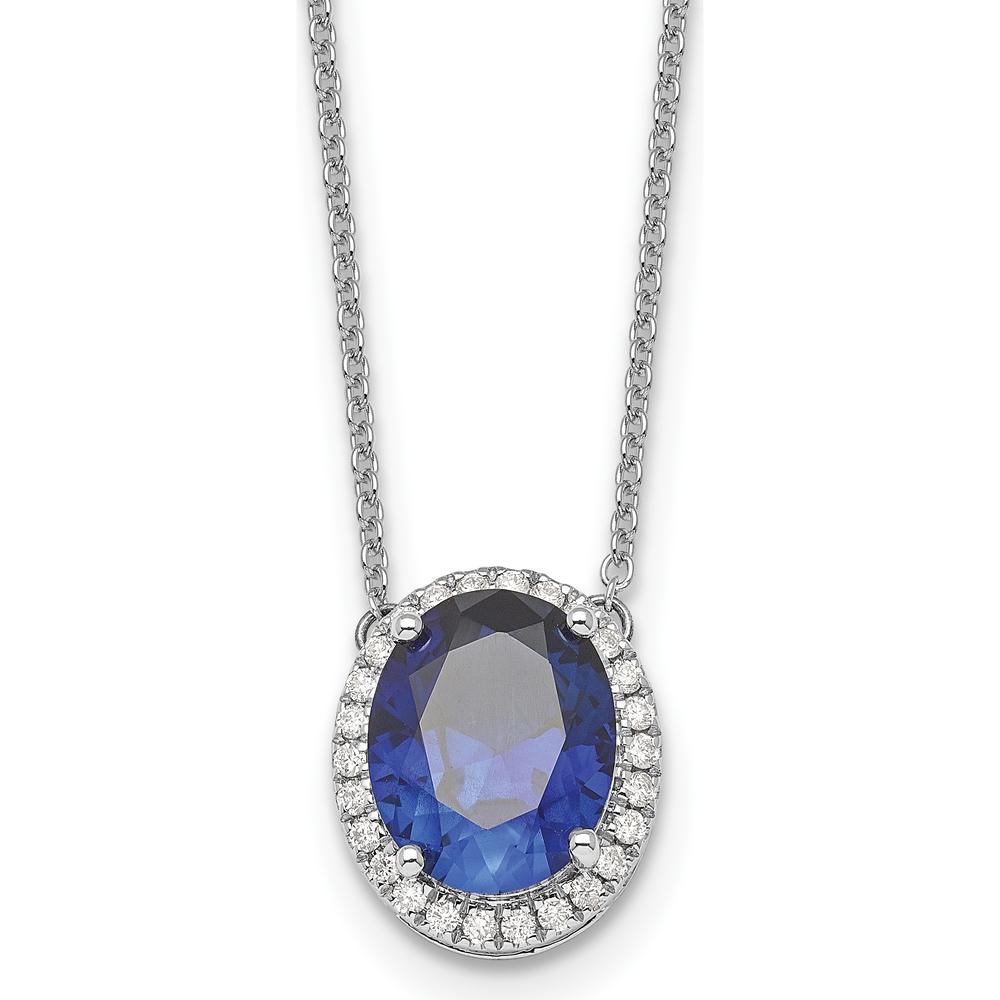 14K White Gold 10x8mm Oval Lab Created Sapphire and Diamond Halo Necklace - 3.15 Carat Sapphire, 0.156 Carat Diamond by Oro Pregiato