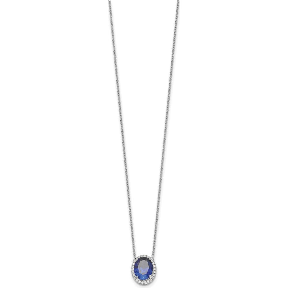 14K White Gold 10x8mm Oval Lab Created Sapphire and Diamond Halo Necklace - 3.15 Carat Sapphire, 0.156 Carat Diamond by Oro Pregiato