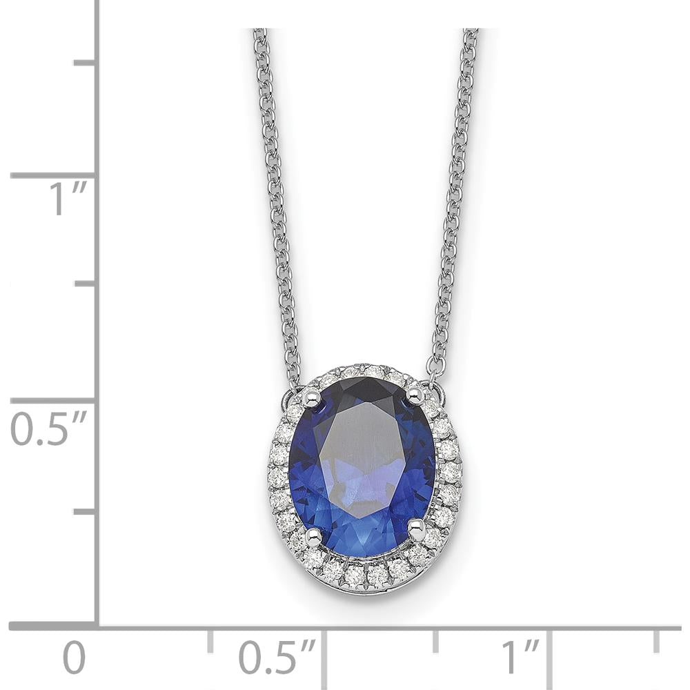 14K White Gold 10x8mm Oval Lab Created Sapphire and Diamond Halo Necklace - 3.15 Carat Sapphire, 0.156 Carat Diamond by Oro Pregiato