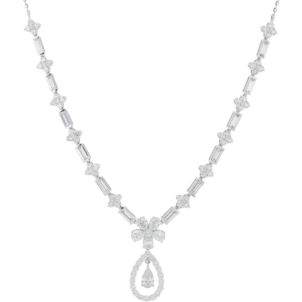 14K White Gold 11.00 Carat Lab Grown Diamond Necklace with Alternating Baguette and Starburst Links and Floating Pear-Cut Teardrop Halo Pendant