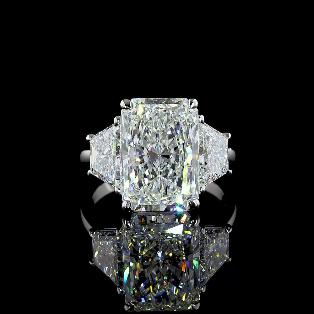 14K White Gold 11.31 Carat Three Stone Ring with Radiant Cut Lab Diamond and Trapezoid Side Stones - E-F Color VVS2 Clarity IGI Certified - Covaloro Fine Jewelry