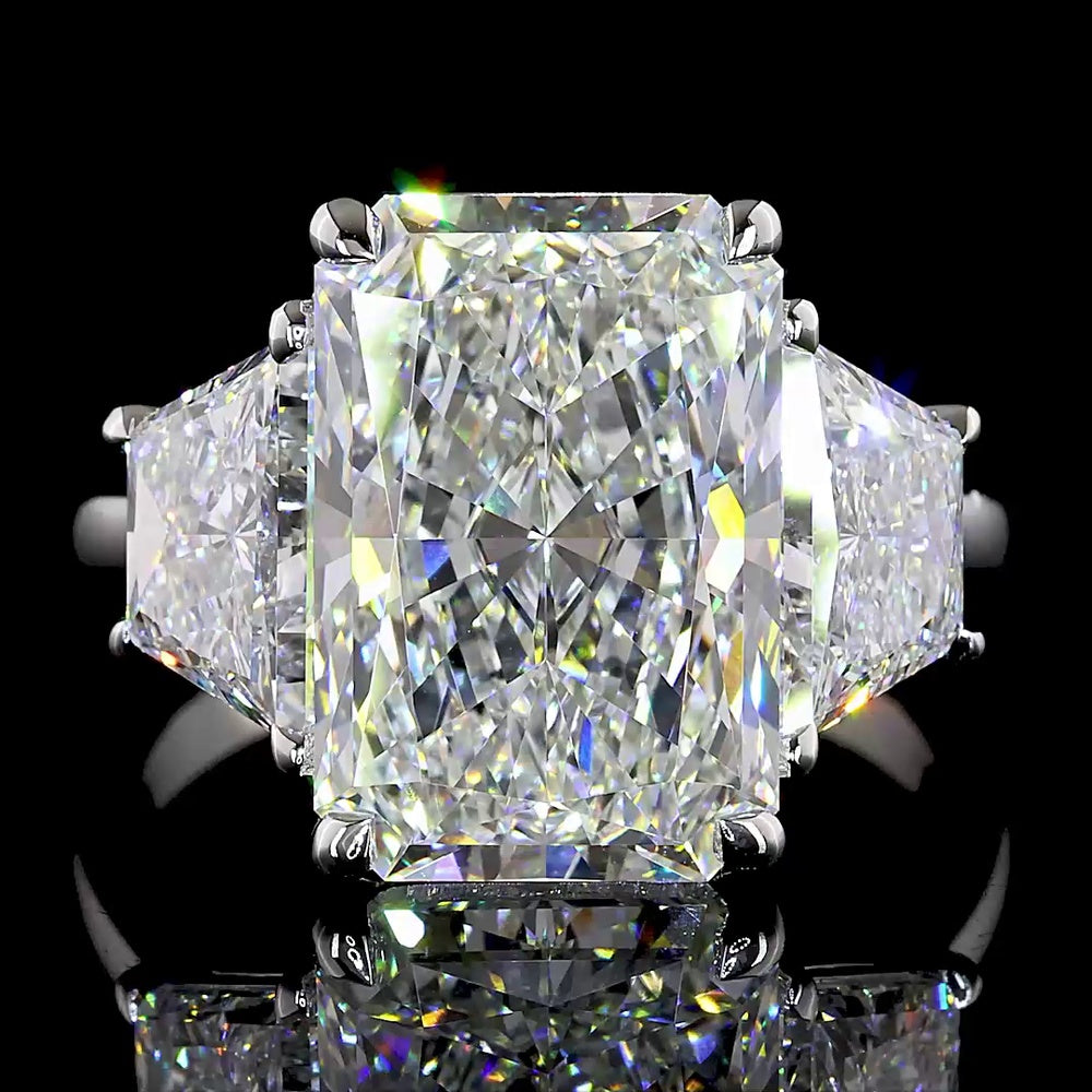 14K White Gold 11.31 Carat Three Stone Ring with Radiant Cut Lab Diamond and Trapezoid Side Stones - E-F Color VVS2 Clarity IGI Certified - Covaloro Fine Jewelry