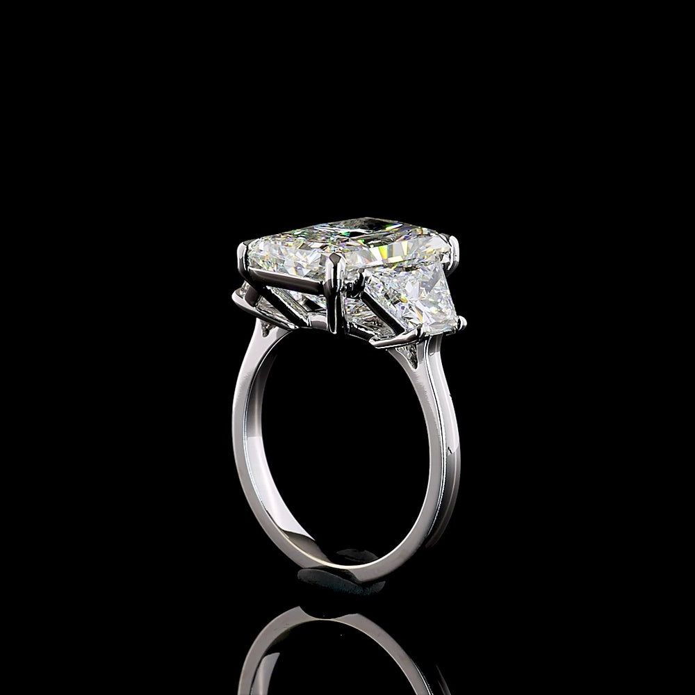 14K White Gold 11.31 Carat Three Stone Ring with Radiant Cut Lab Diamond and Trapezoid Side Stones - E-F Color VVS2 Clarity IGI Certified - Covaloro Fine Jewelry