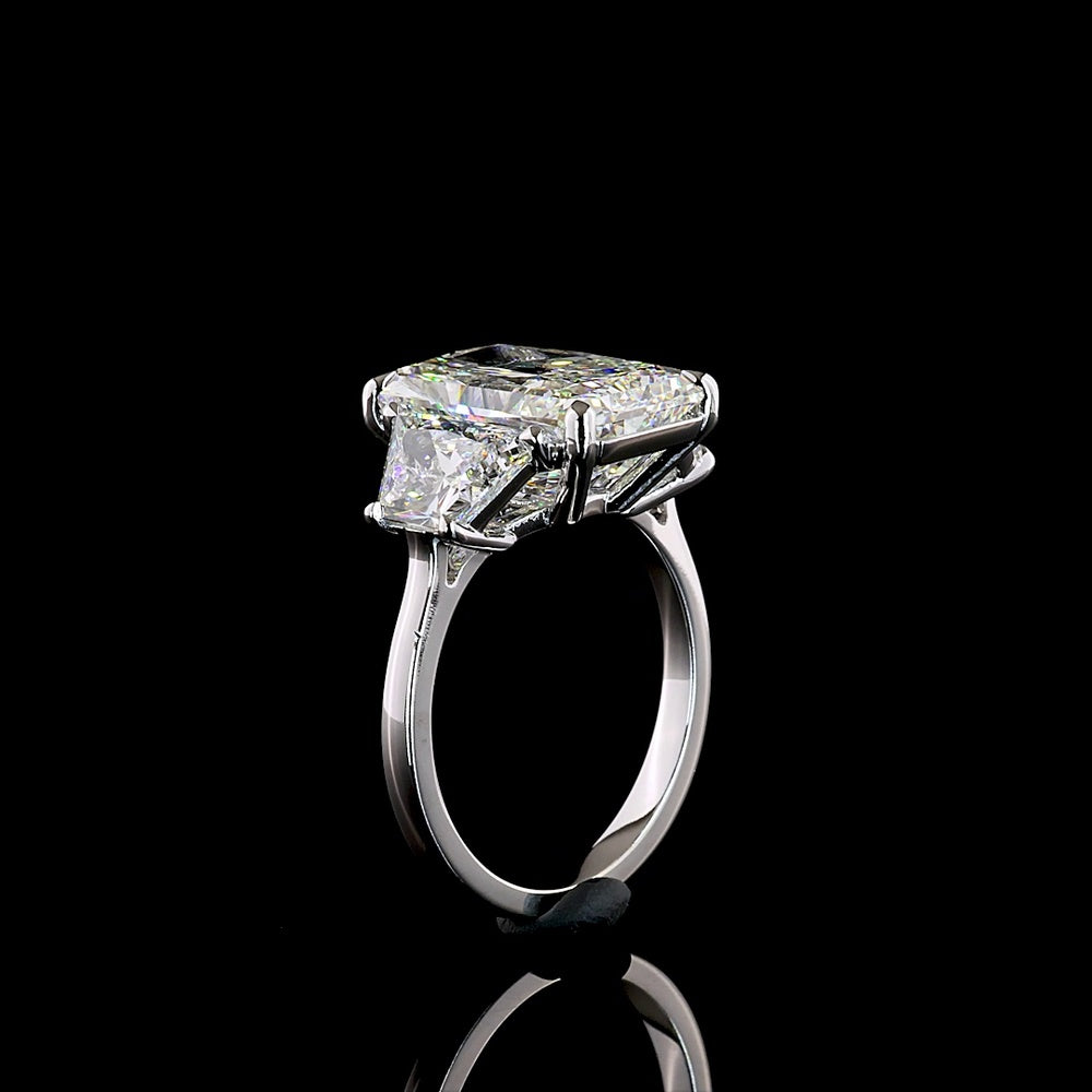 14K White Gold 11.31 Carat Three Stone Ring with Radiant Cut Lab Diamond and Trapezoid Side Stones - E-F Color VVS2 Clarity IGI Certified - Covaloro Fine Jewelry