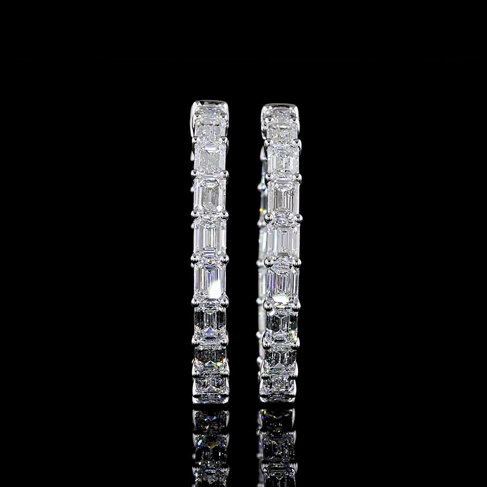 14K White Gold 11.56 Carat Emerald Cut Lab Diamond East-West Hoop Earrings with E-F VS Clarity - 34 Stones Total - Covaloro Fine Jewelry