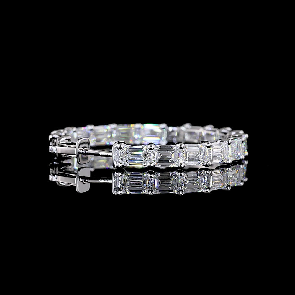 14K White Gold 11.56 Carat Emerald Cut Lab Diamond East-West Hoop Earrings with E-F VS Clarity - 34 Stones Total - Covaloro Fine Jewelry