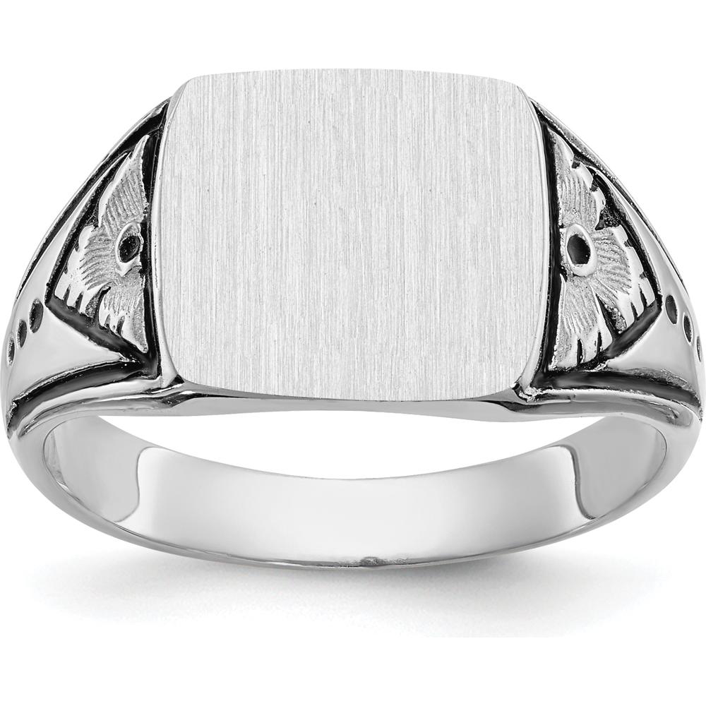 14K White Gold 11.5x11.0mm Brushed Antique-Inspired Men's Signet Ring with Rhodium Finish by Oro Pregiato