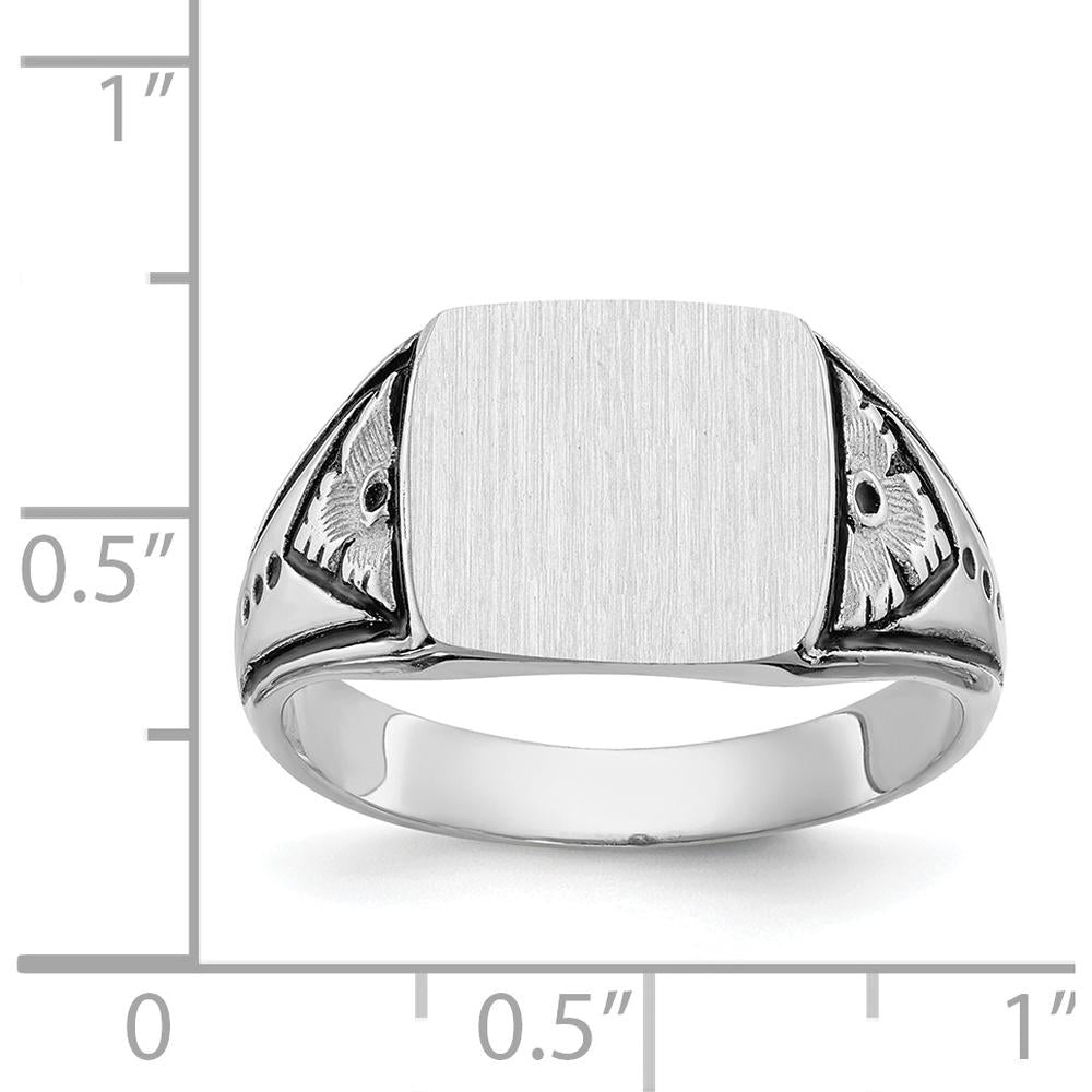 14K White Gold 11.5x11.0mm Brushed Antique-Inspired Men's Signet Ring with Rhodium Finish by Oro Pregiato