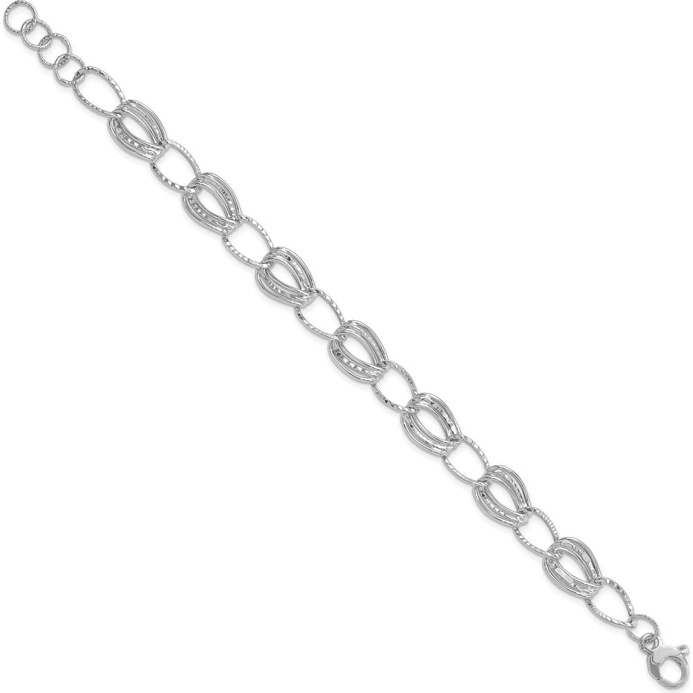 14K White Gold 11mm Hollow Fancy Link Bracelet with Rhodium Plating - 7.5" Plus 1" Extender by 0