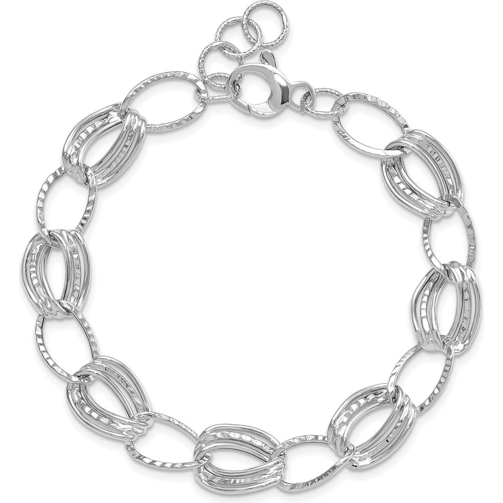 14K White Gold 11mm Hollow Fancy Link Bracelet with Rhodium Plating - 7.5" Plus 1" Extender by 0