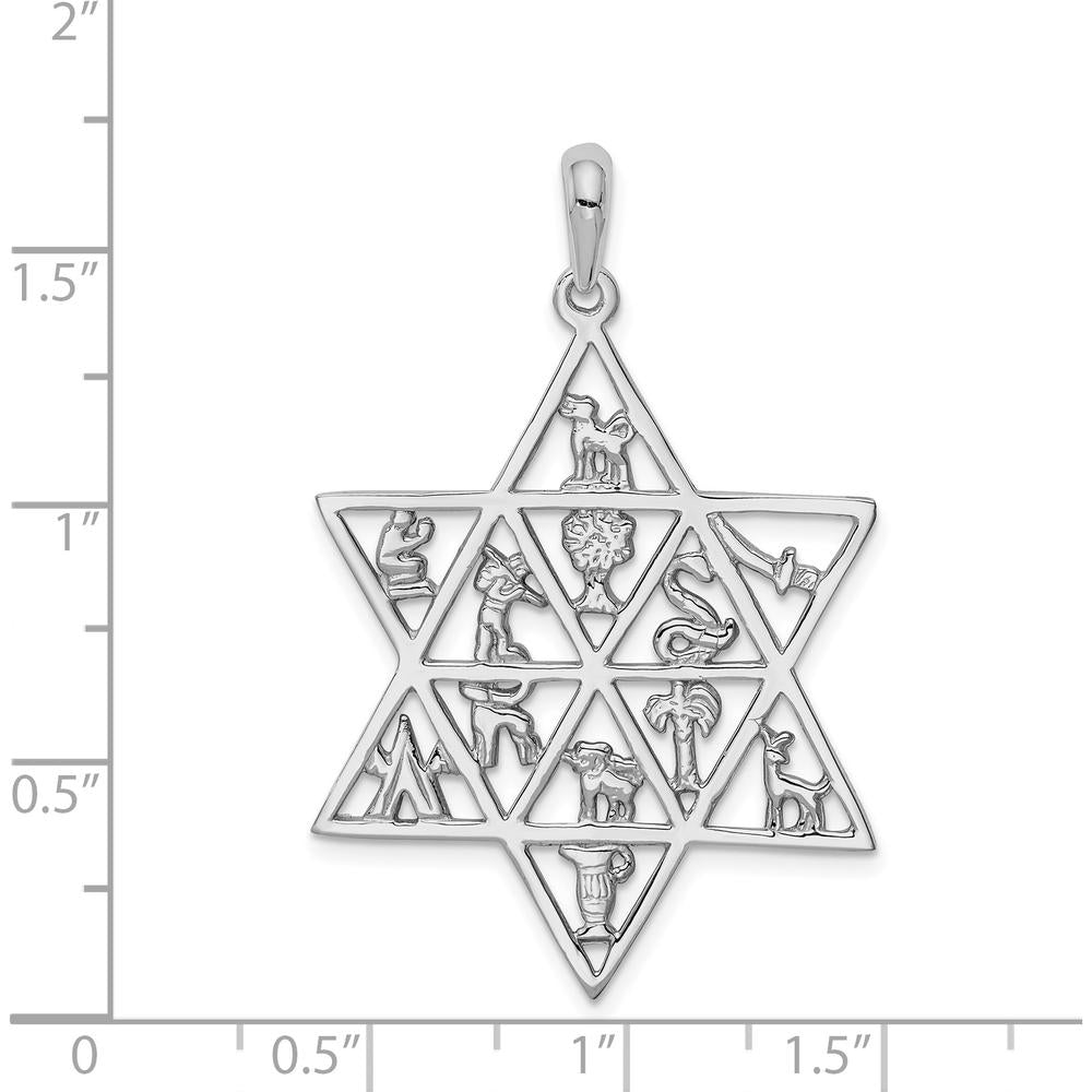 14K White Gold 12 Tribes Star of David Pendant - Rhodium-Plated 45mm Length by Oro Pregiato