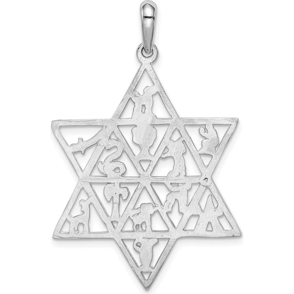 14K White Gold 12 Tribes Star of David Pendant - Rhodium-Plated 45mm Length by Oro Pregiato