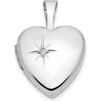 14K White Gold 12mm Heart Locket with 0.01 Carat Round Diamond - Engravable and Polished Finish by Monteluci Fine Jewelry