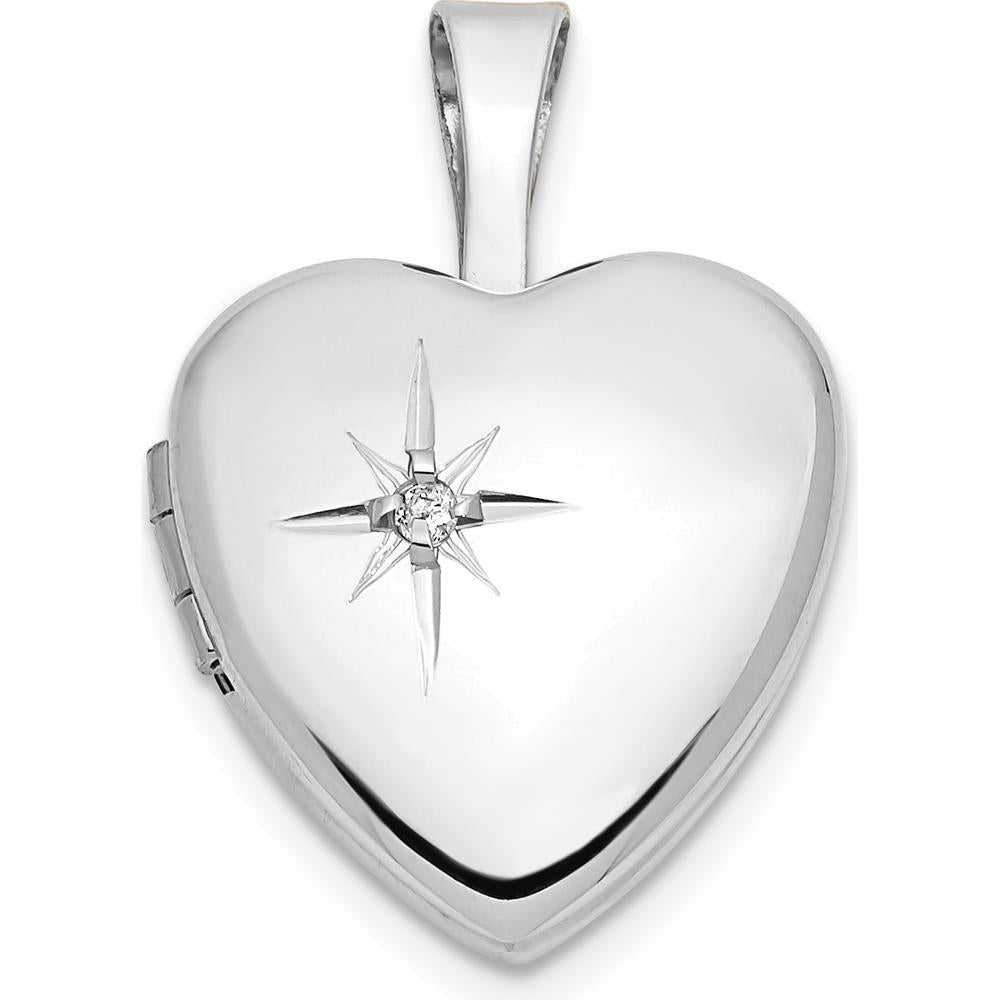 14K White Gold 12mm Heart Locket with 0.01 Carat Round Diamond - Engravable and Polished Finish by Monteluci Fine Jewelry