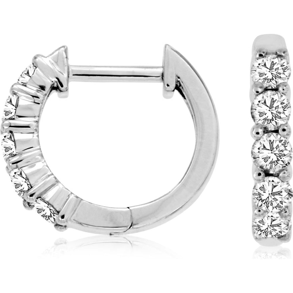 14K White Gold 12mm Small Hoop Earrings with Prong-Set Round Diamonds - 0.50 Carat Total Diamond Weight - Royal Jewelry