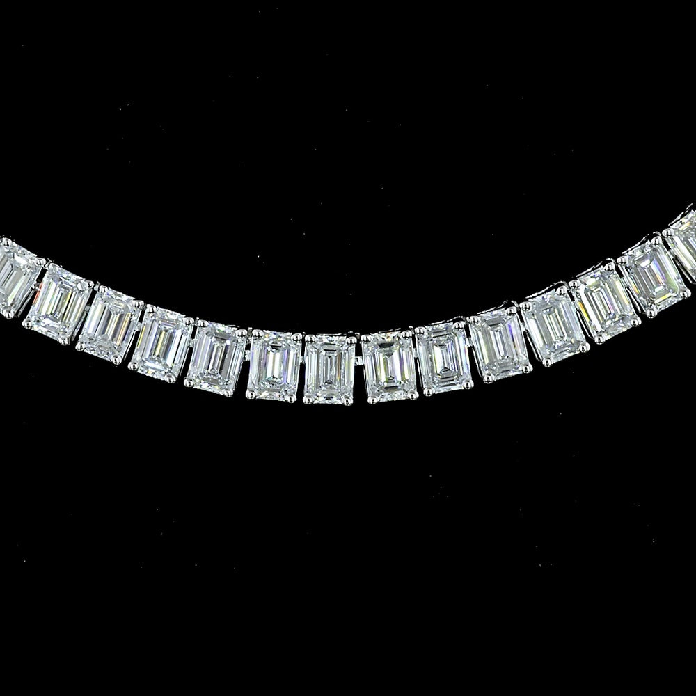 14K White Gold 14.25 Carat Tennis Necklace with Prong Set Emerald Cut Lab Diamonds - E-F Color, VS Clarity, 145 Stones - Covaloro Fine Jewelry