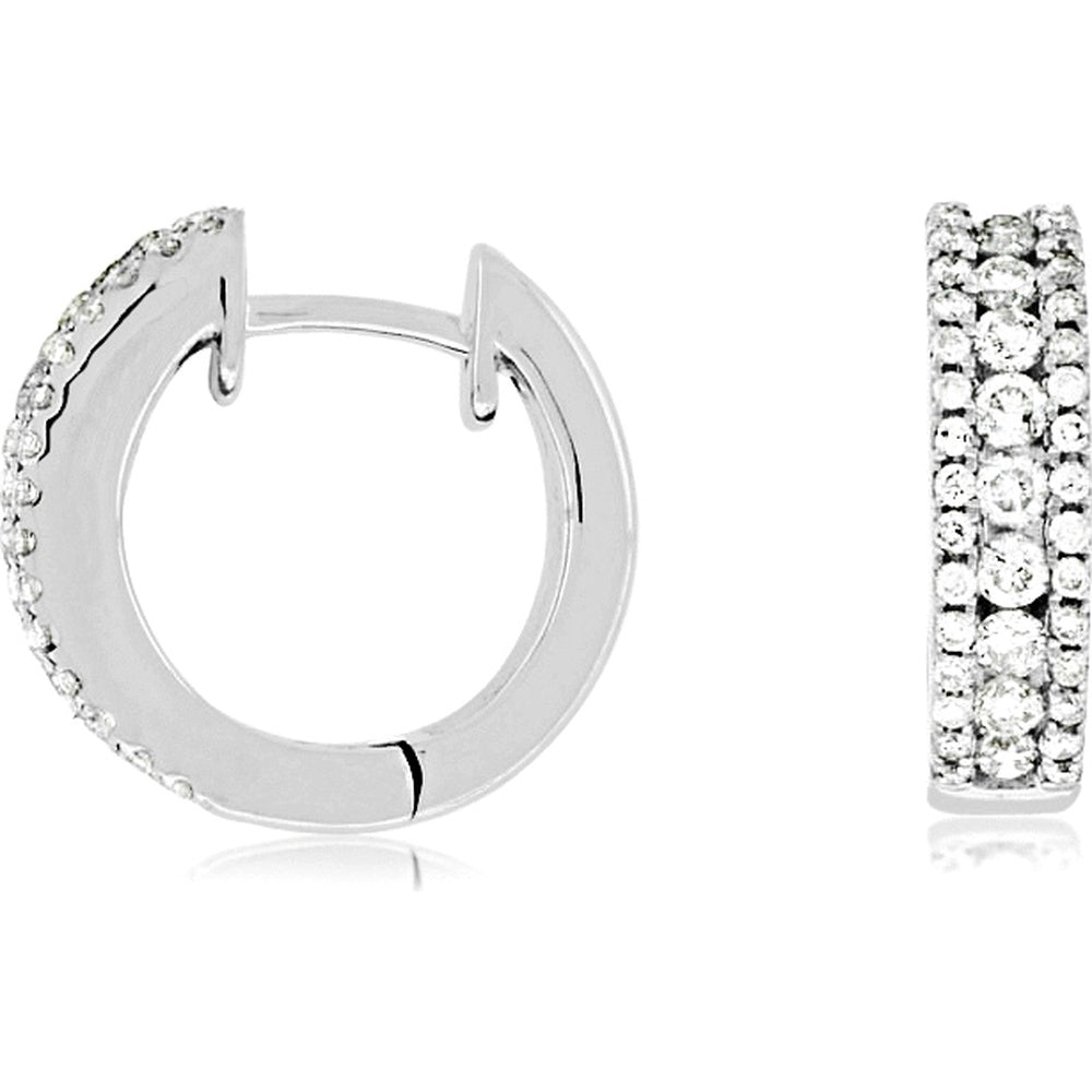 14K White Gold 14mm Huggie Earrings with Three-Row Pavé Set Round Diamonds and Milgrain Detail - 0.65 Carat Total Diamond Weight - Royal Jewelry