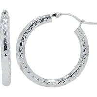 14K White Gold 14mm Tube Hoop Earrings - Diamond Cut Texture - 1.76g Total Weight