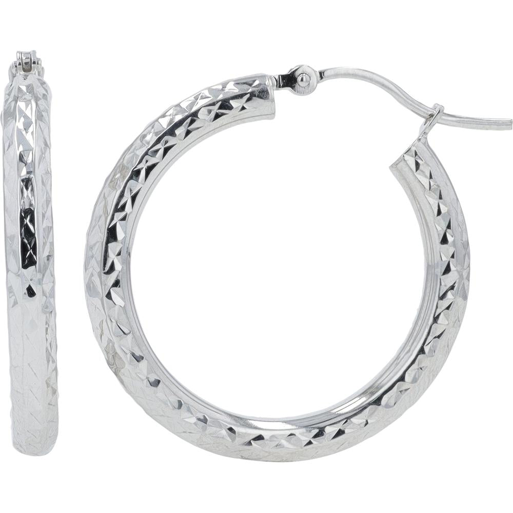 14K White Gold 14mm Tube Hoop Earrings - Diamond Cut Texture - 1.76g Total Weight