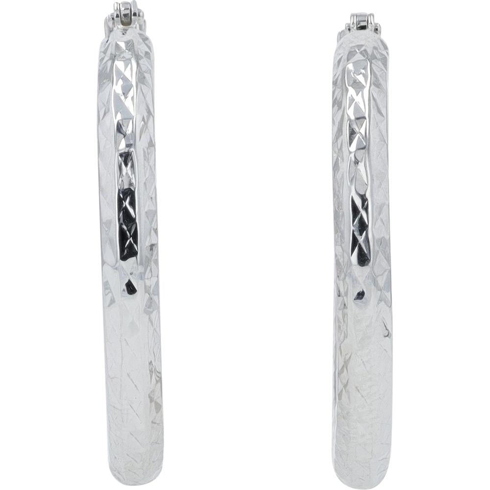 14K White Gold 14mm Tube Hoop Earrings - Diamond Cut Texture - 1.76g Total Weight