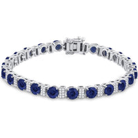 14K White Gold 15-1/4 Carat Round Blue Sapphire and Diamond Tennis Bracelet with Prong-Set Stones
